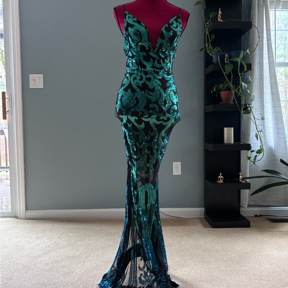 Emerald Ombré Blue Green Sequin Gown